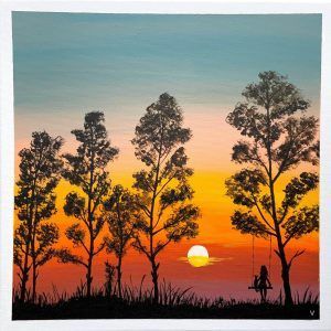Cuadro "Atardecer con árboles y niña en columpio"