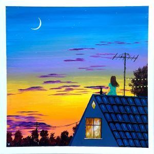 Cuadro "Niña en el tejado"